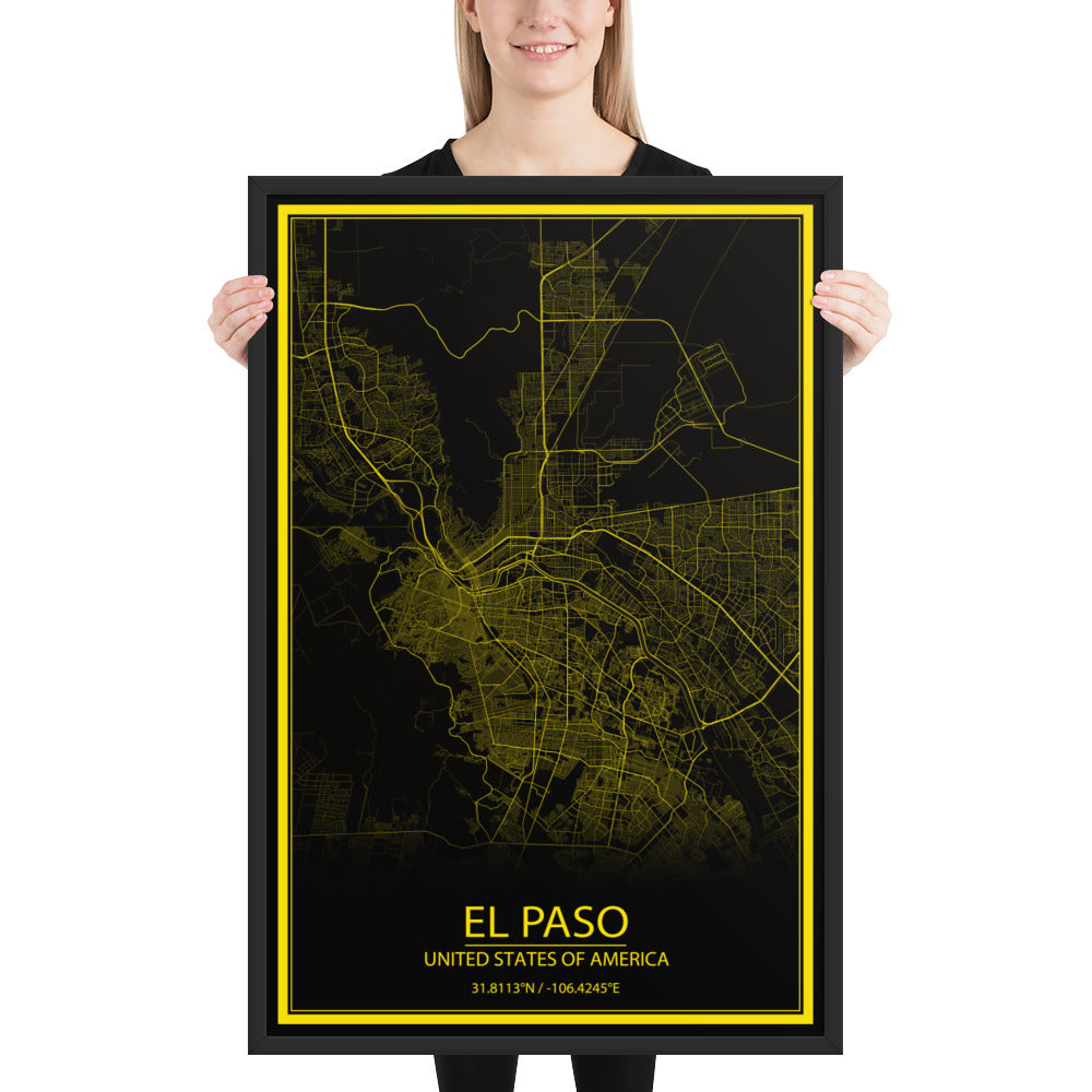 El Paso Black and Yellow Framed Map