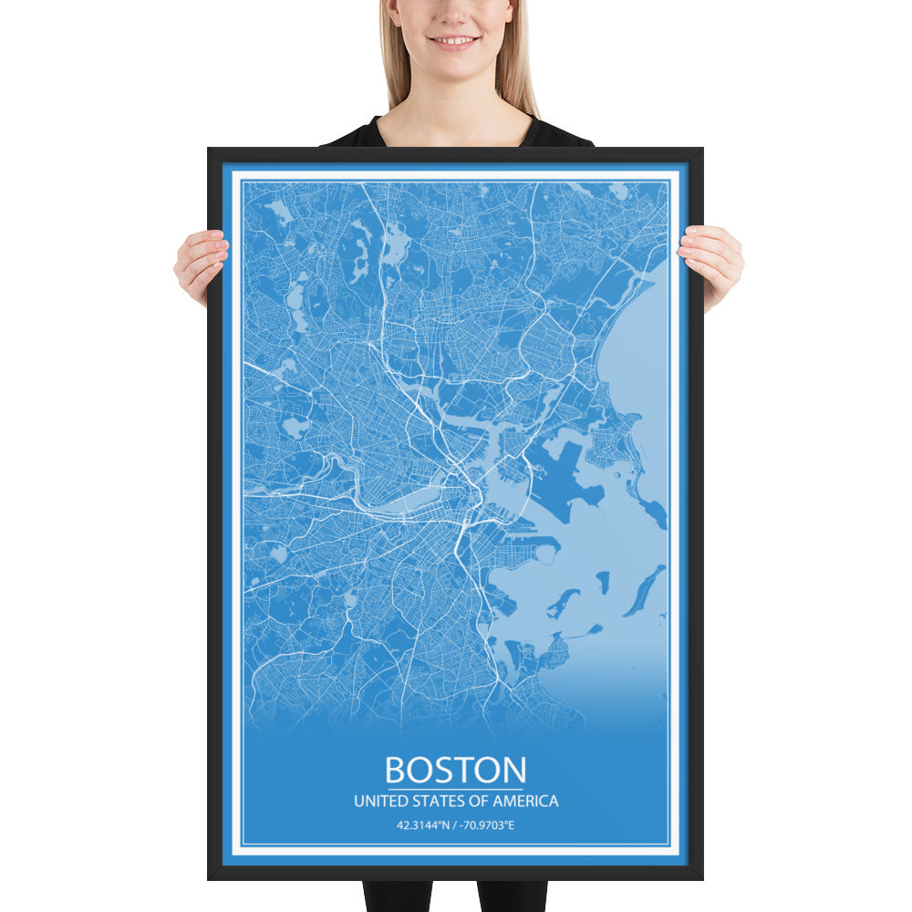 Boston Blue and White Framed Map