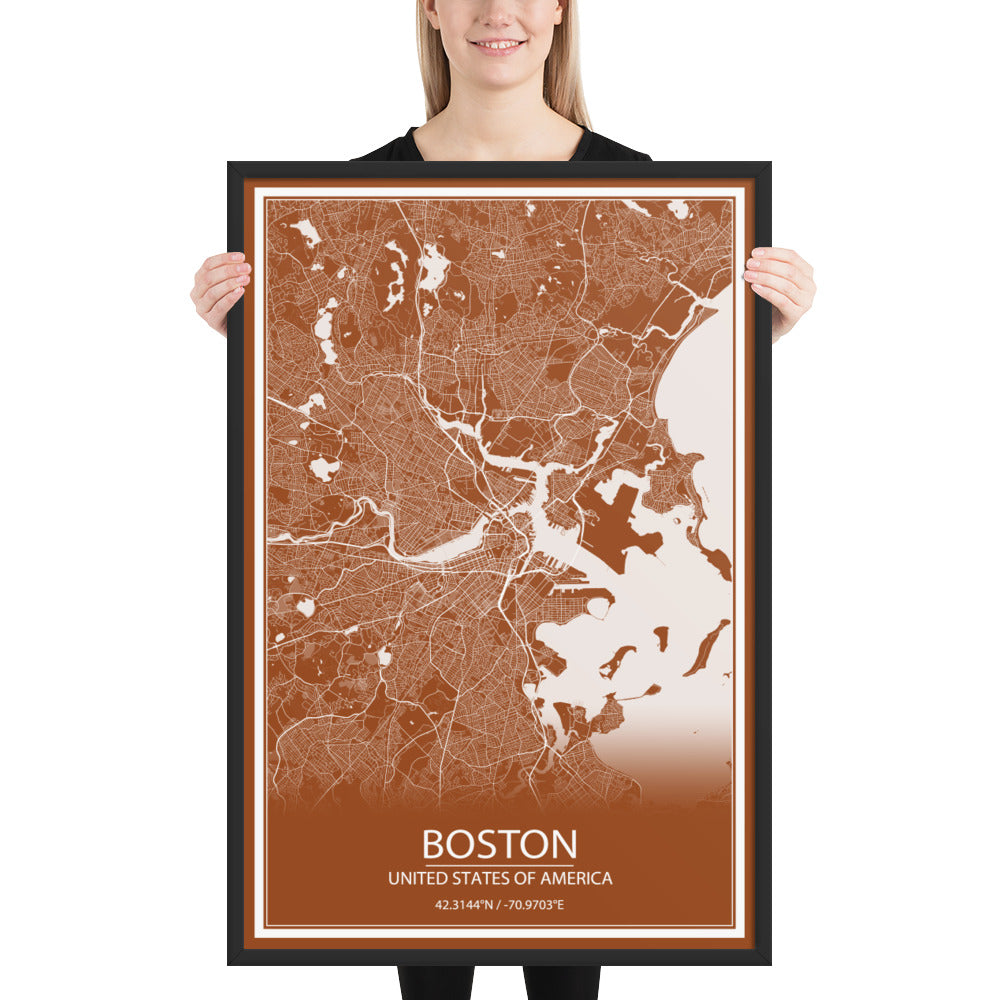 Boston Brown and White Framed Map