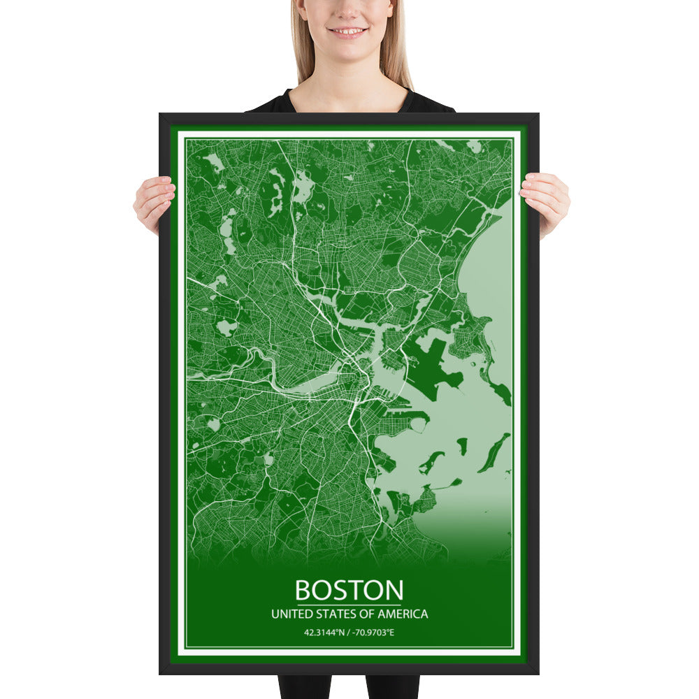 Boston Green and White Framed Map