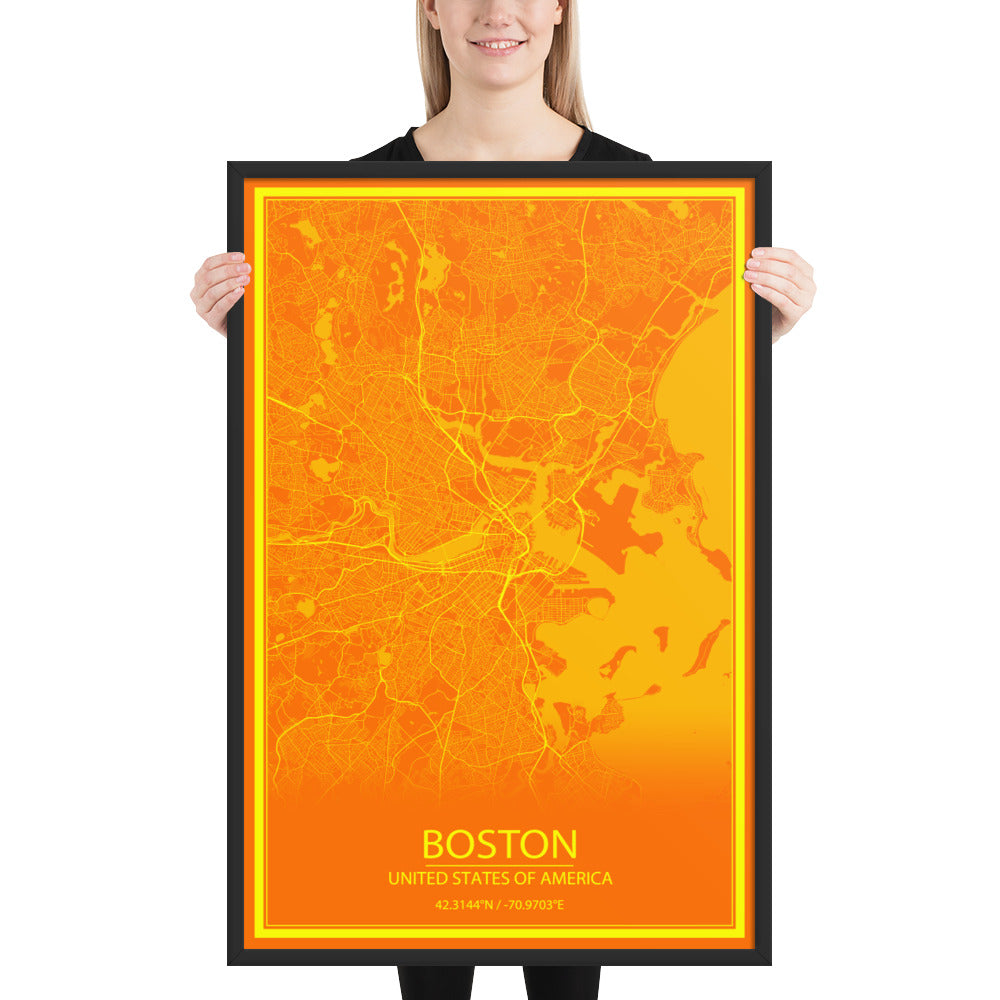 Boston Orange and Yellow Framed Map