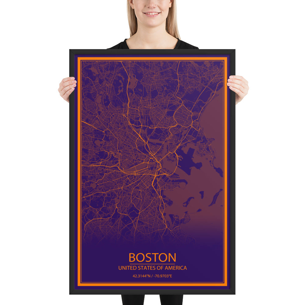 Boston Purple and Orange Framed Map