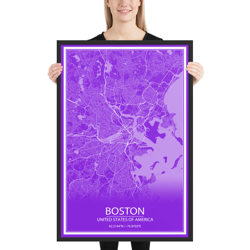 Boston Purple and White Framed Map