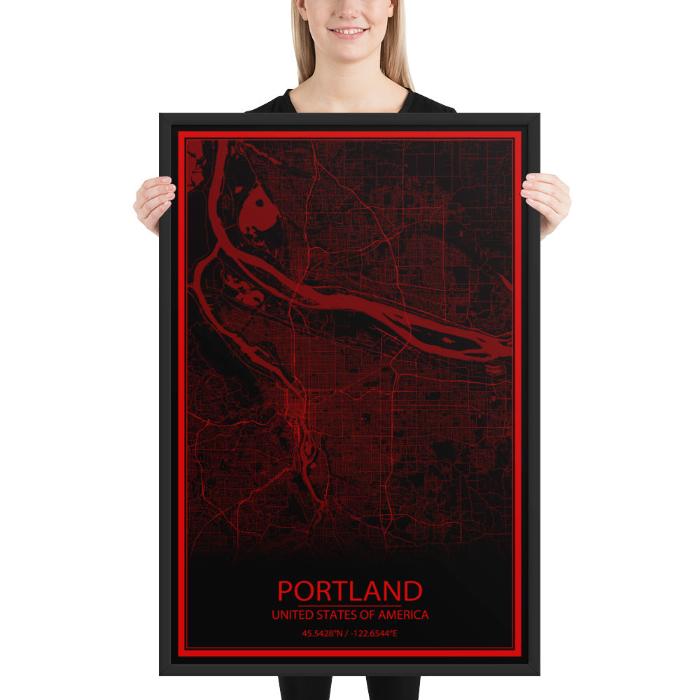 Portland Black and Red Framed Map