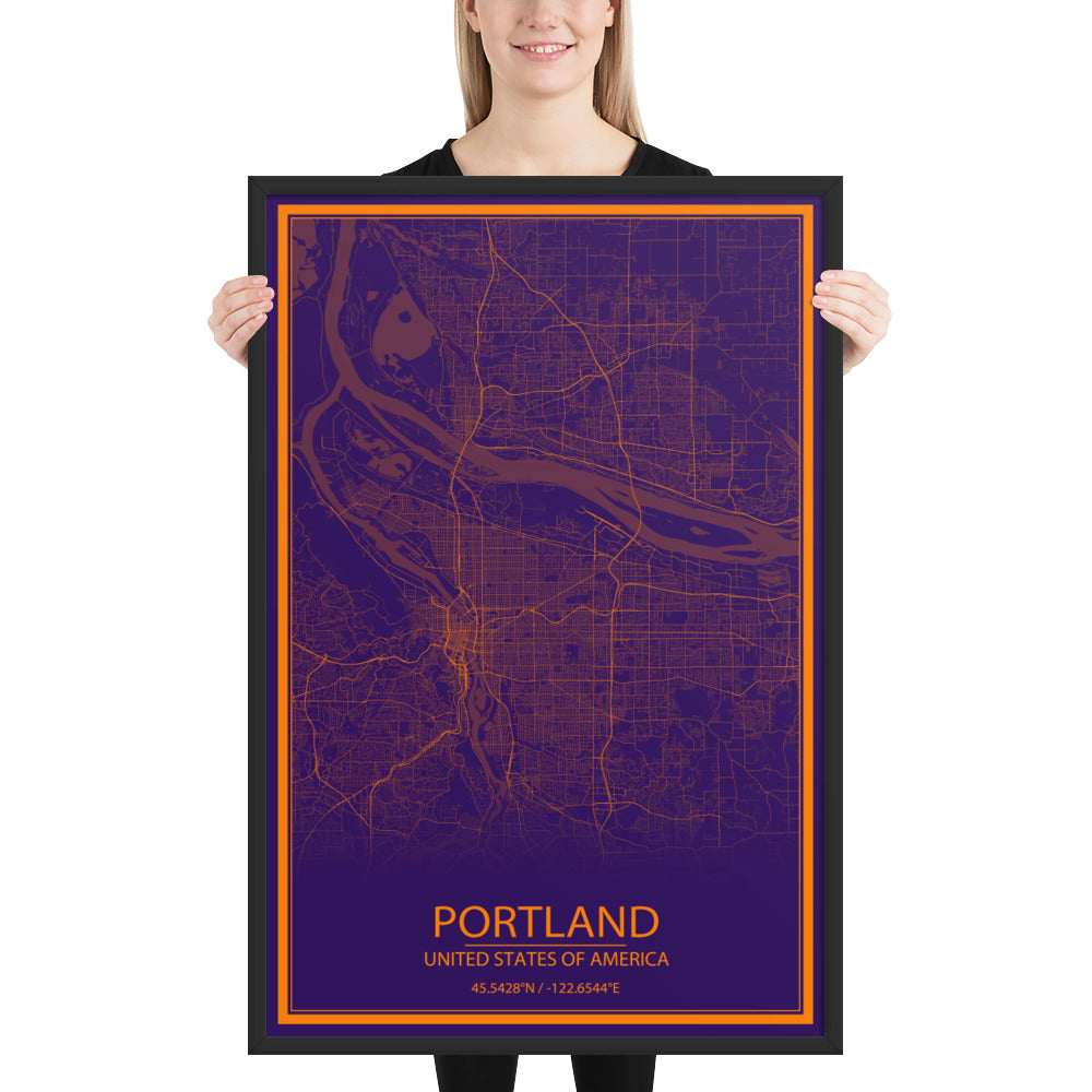 Portland Purple and Orange Framed Map