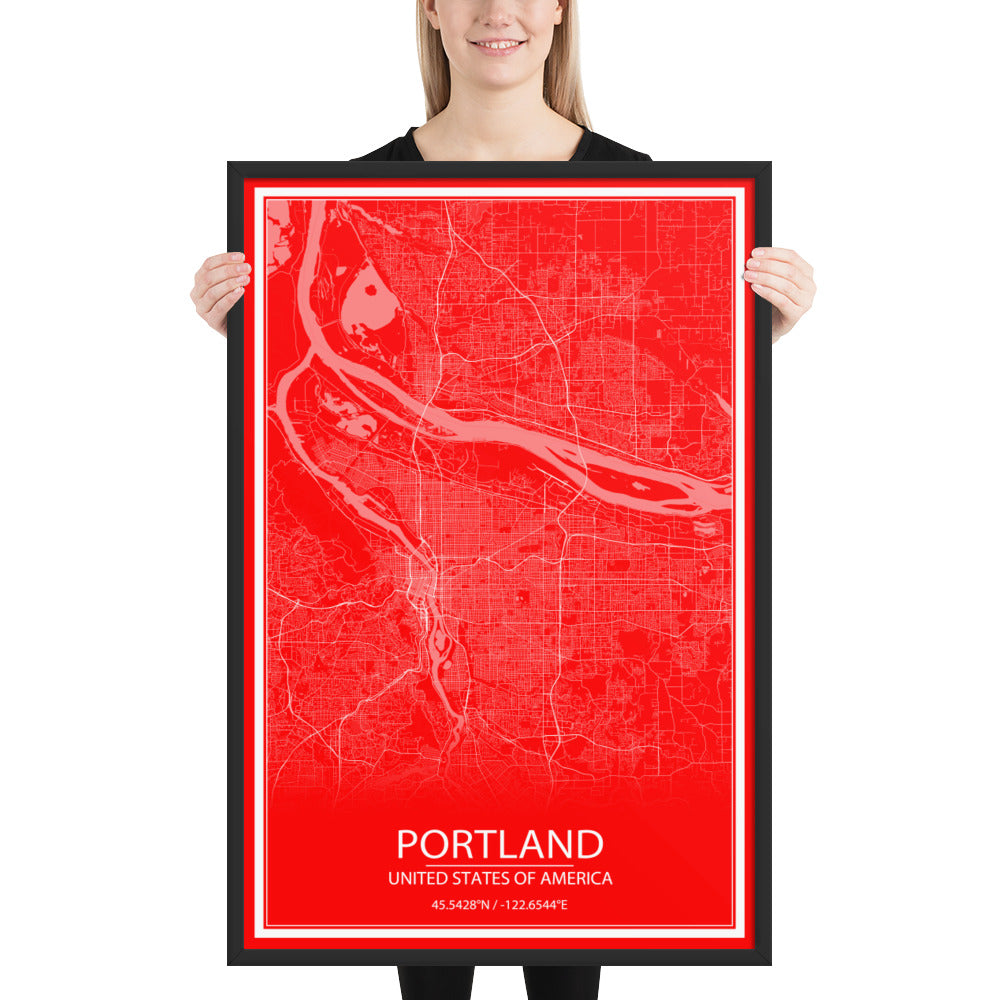 Portland Red and White Framed Map