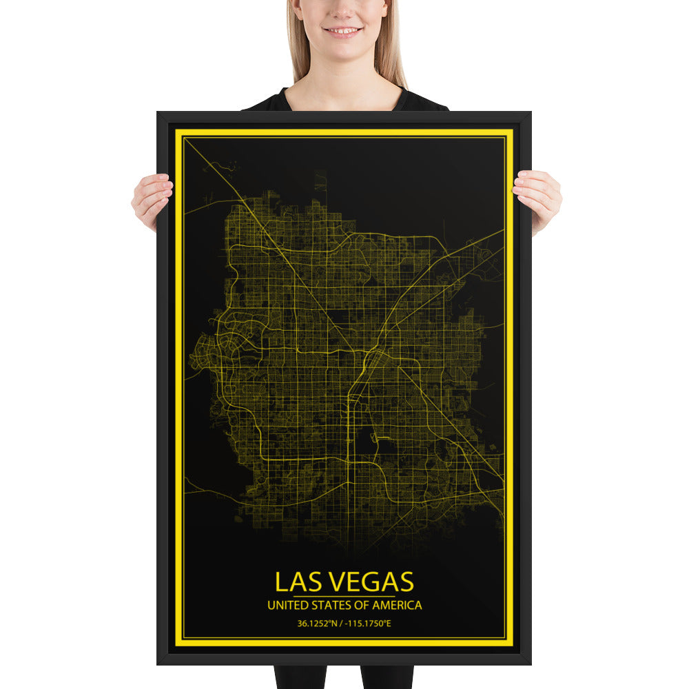 Las Vegas Black and Yellow Framed Map