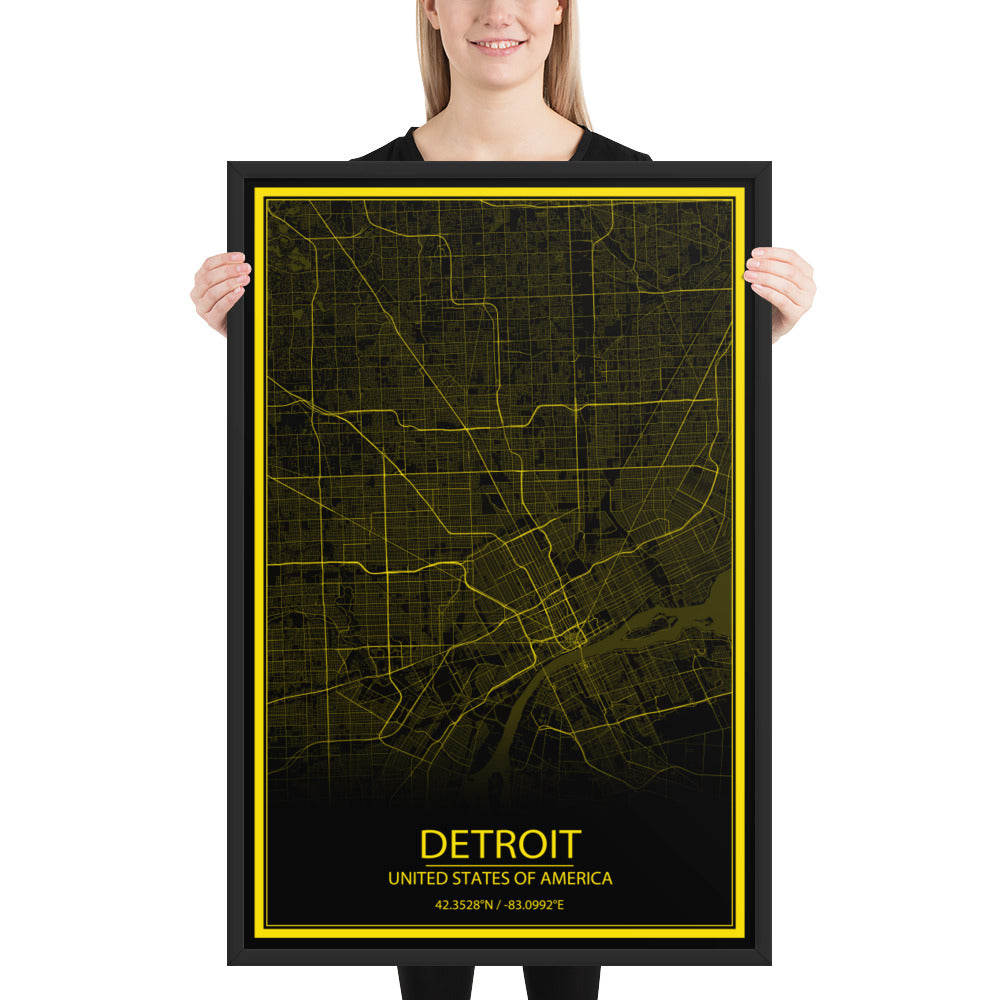 Detroit Black and Yellow Framed Map