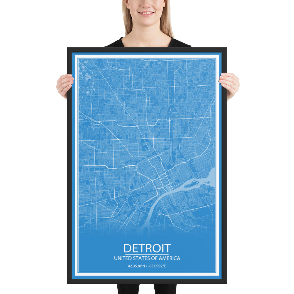 Detroit Blue and White Framed Map