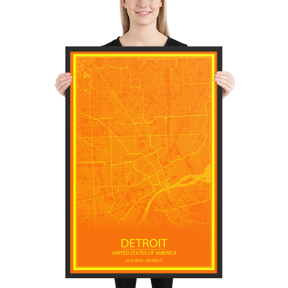 Detroit Orange and Yellow Framed Map