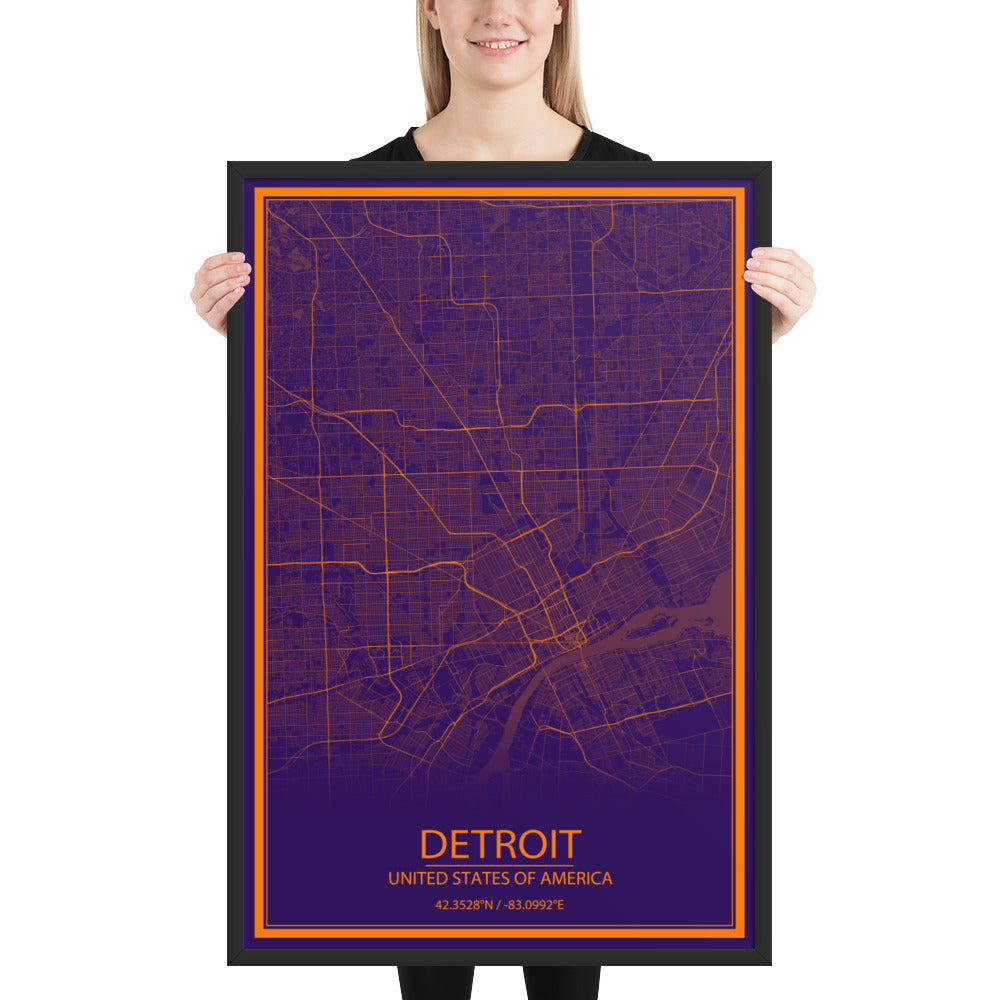 Detroit Purple and Orange Framed Map