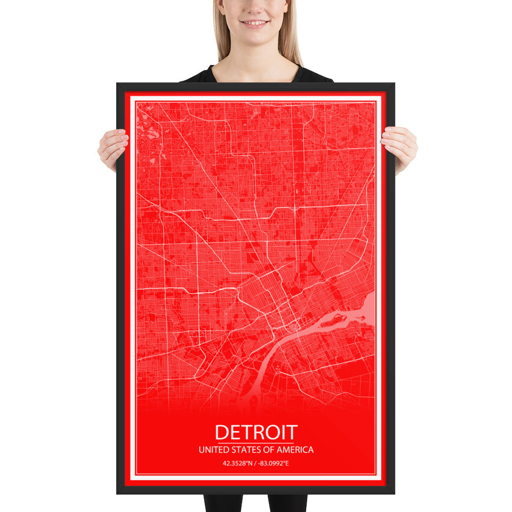 Detroit Red and White Framed Map