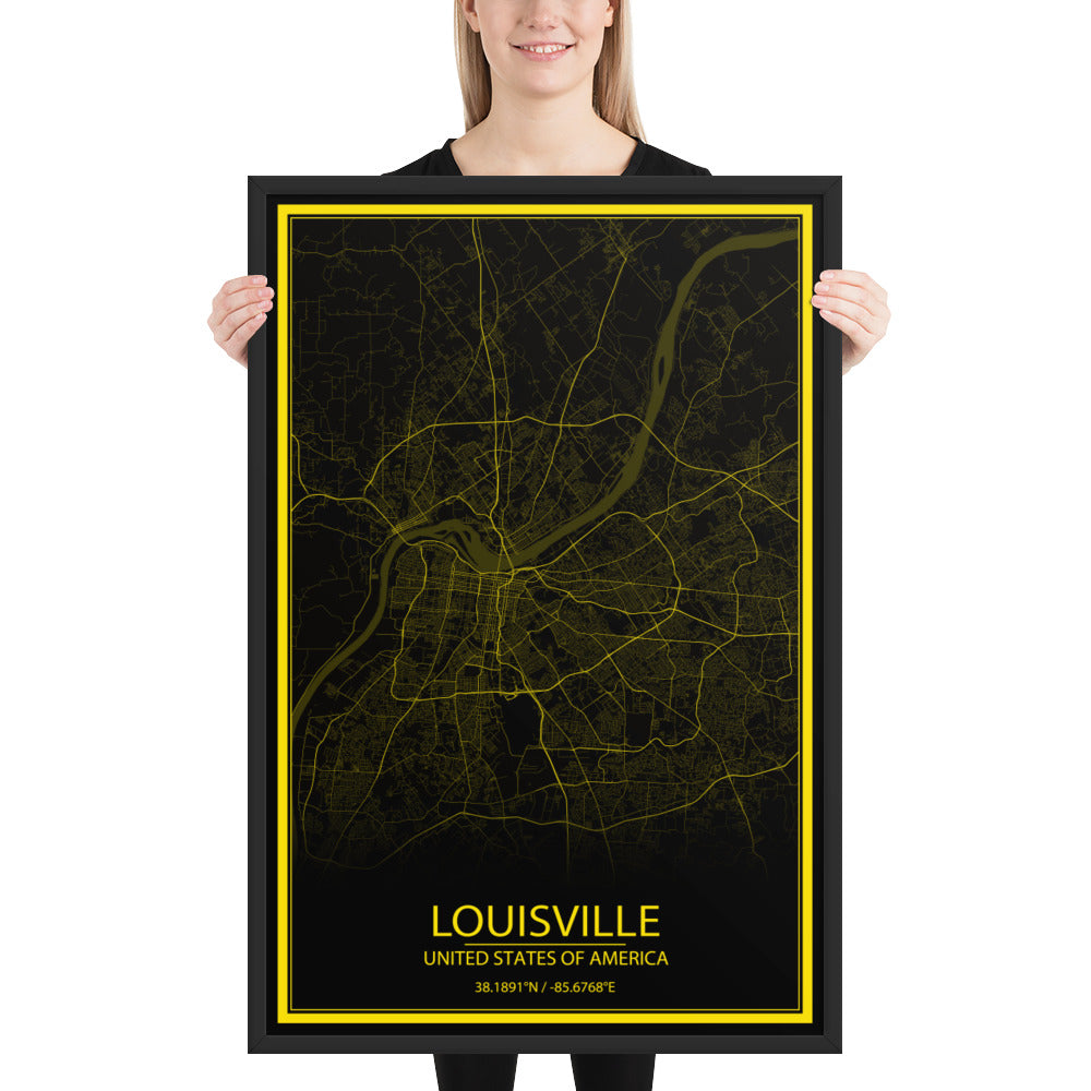 Louisville Black and Yellow Framed Map