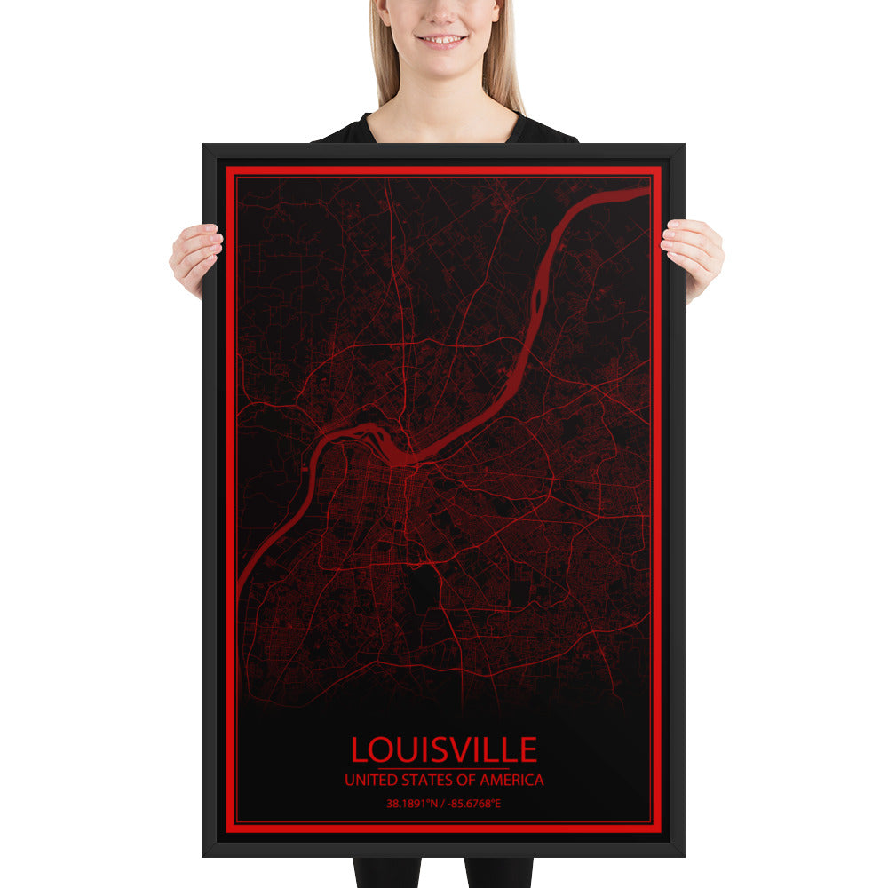 Louisville Black and Red Framed Map