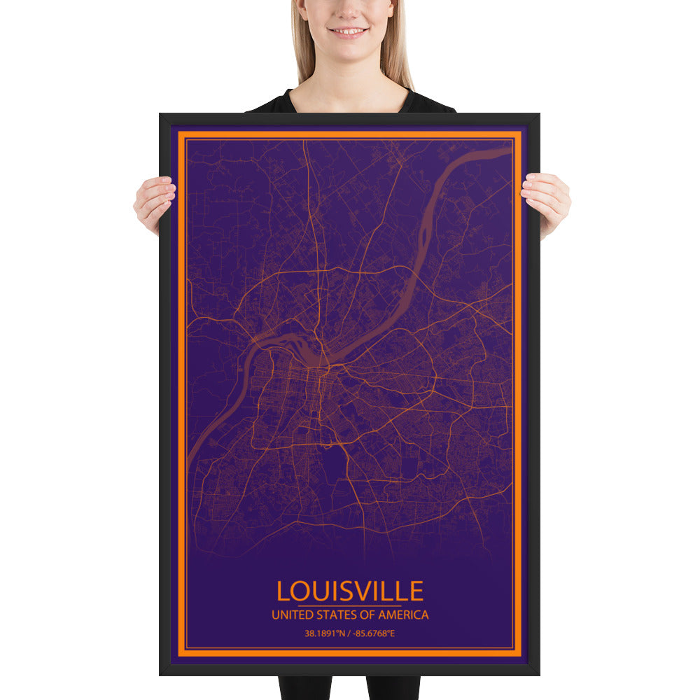 Louisville Purple and Orange Framed Map