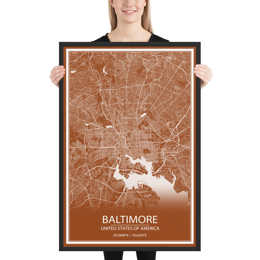 Baltimore Brown and White Framed Map