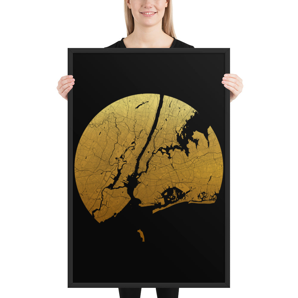 New York Gold on Black Framed Map