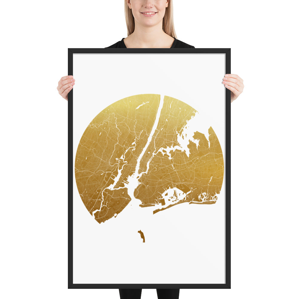 New York Gold on White Framed Map