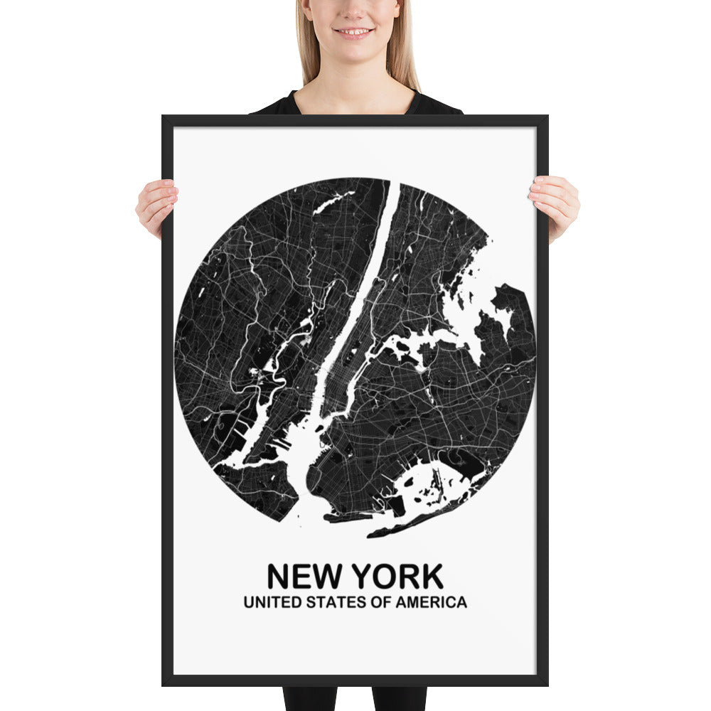 New York Circular Black Framed Map