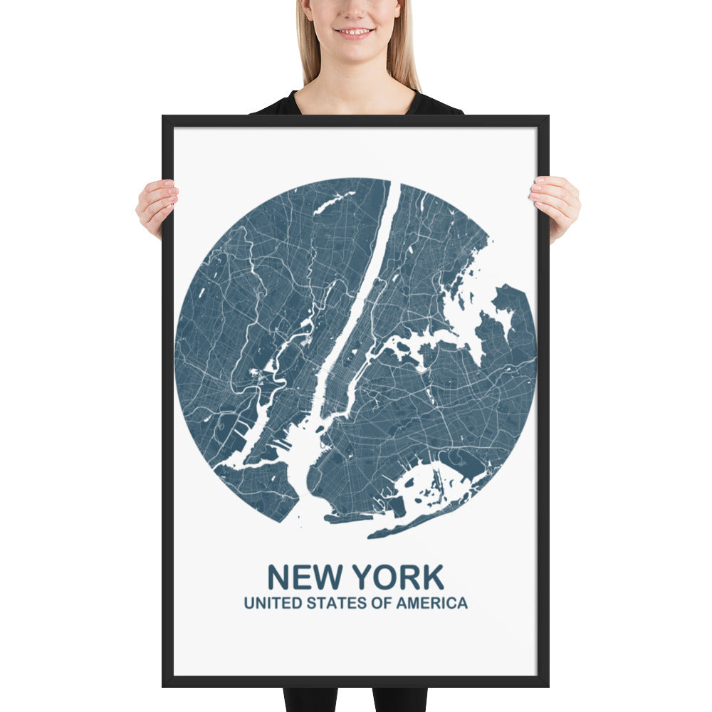 New York Circular Blue Framed Map