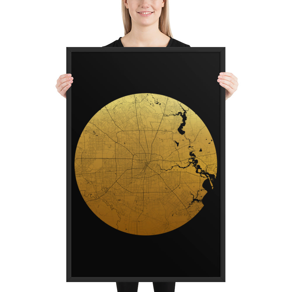 Houston Gold on Black Framed Map