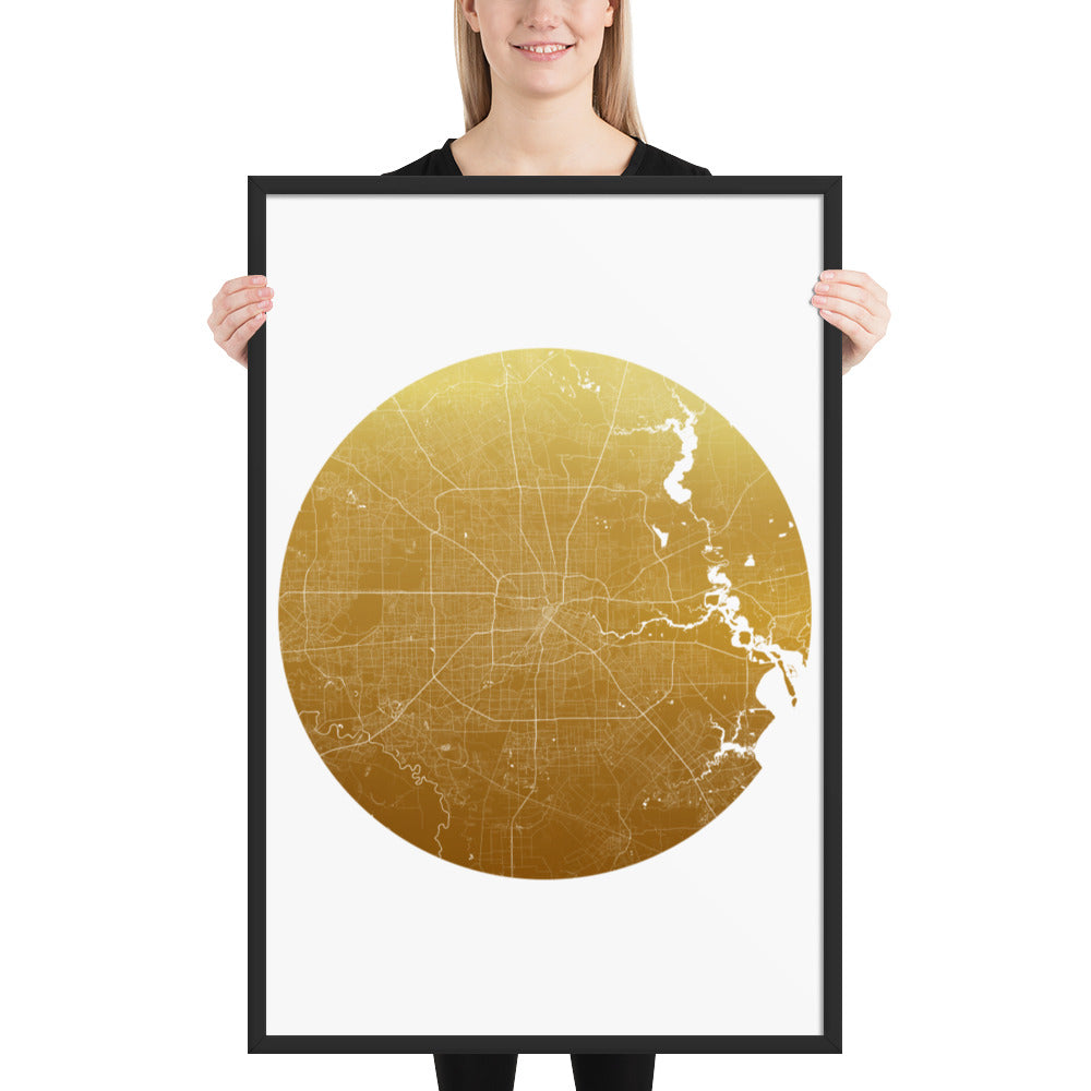 Houston Gold on White Framed Map