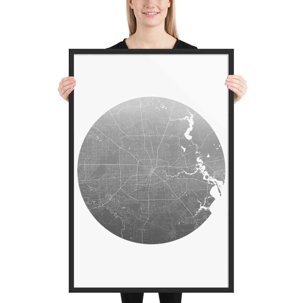 Houston Silver on White Framed Map