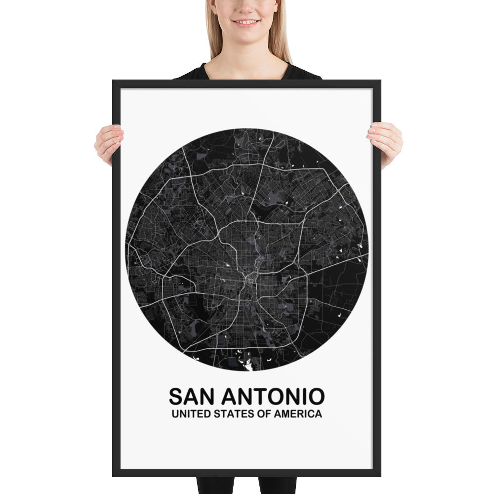 San Antonio Circular Black Framed Map