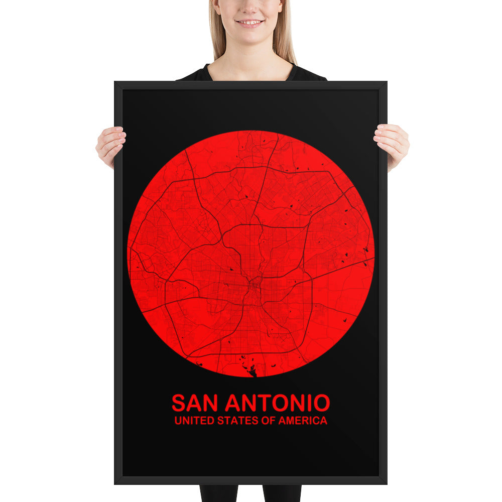 San Antonio Circular Red Framed Map