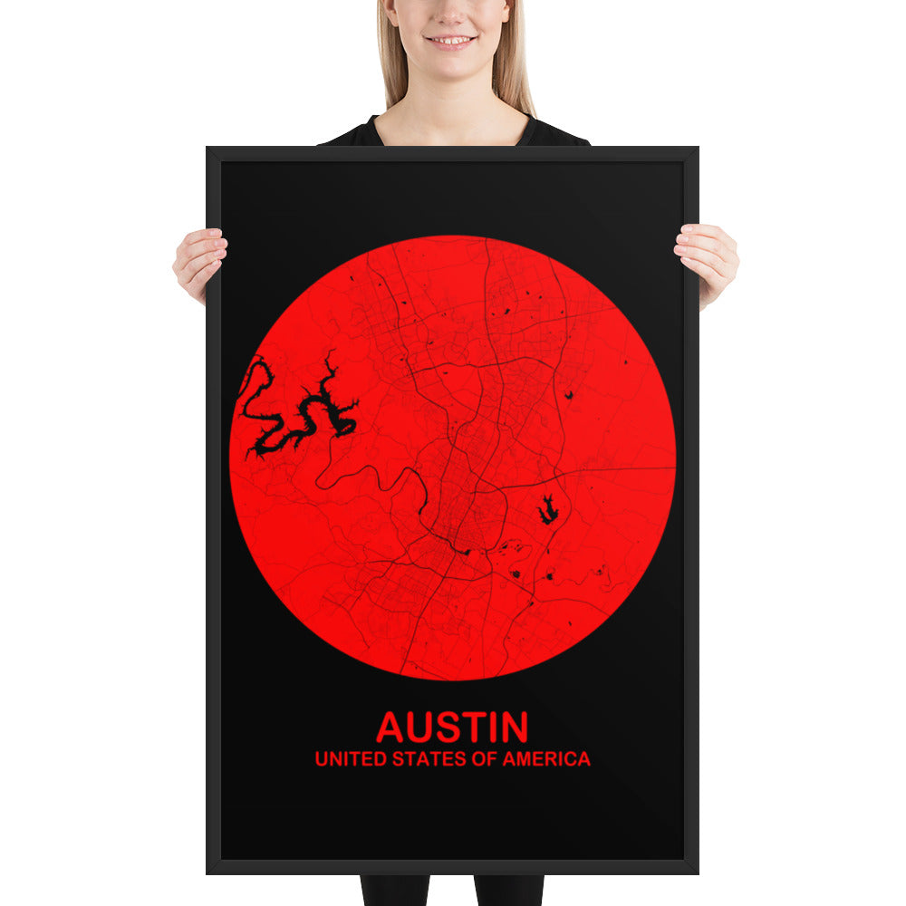 Austin Circular Red Framed Map