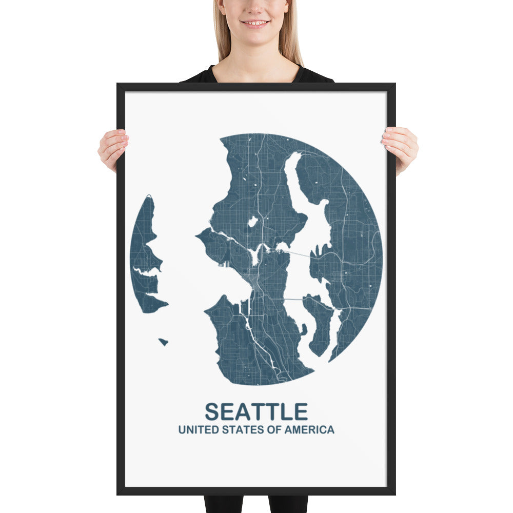 Seattle Circular Blue Framed Map