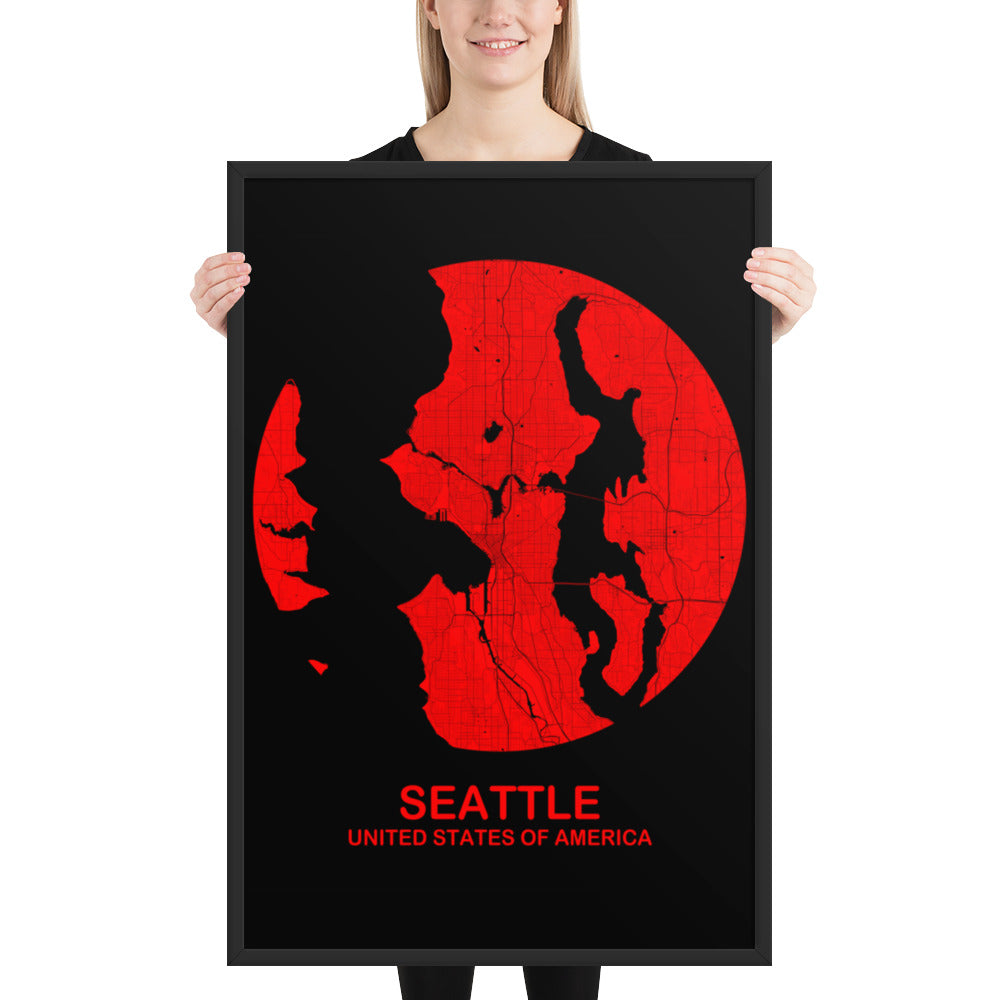 Seattle Circular Red Framed Map