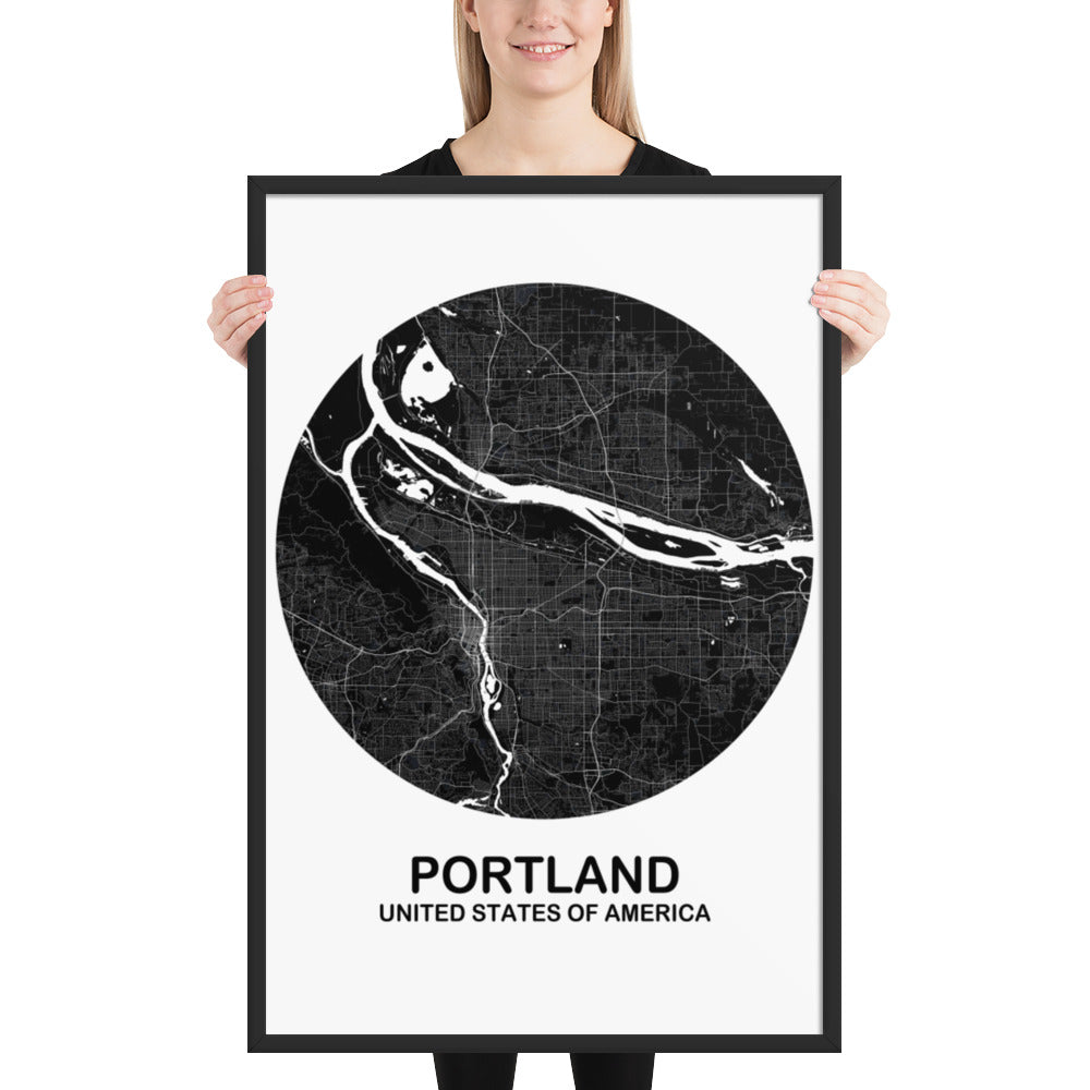 Portland Circular Black Framed Map