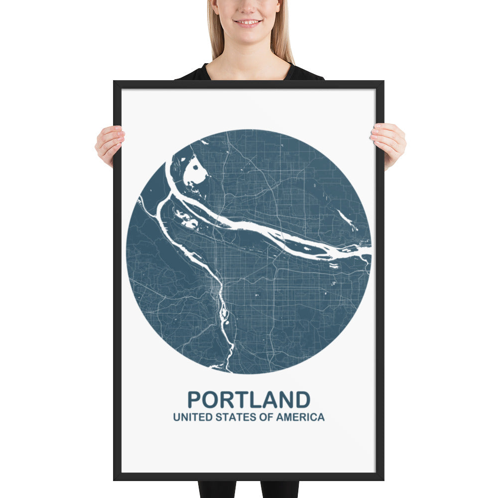 Portland Circular Blue Framed Map