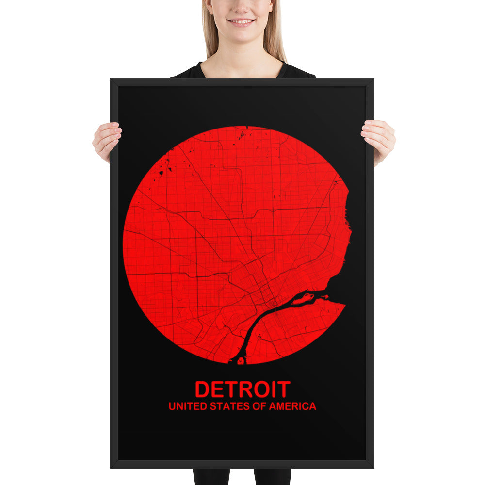 Detroit Circular Red Framed Map