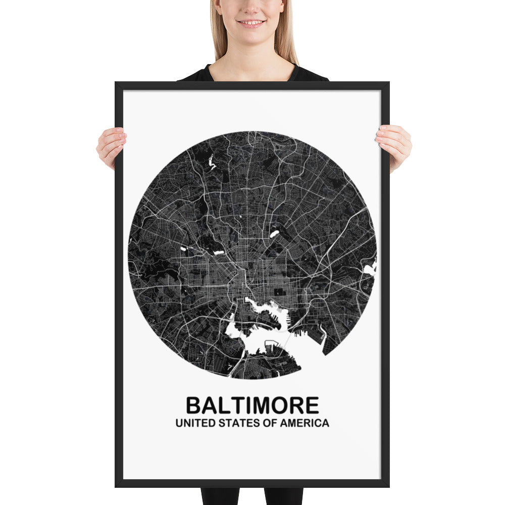 Baltimore Circular Black Framed Map