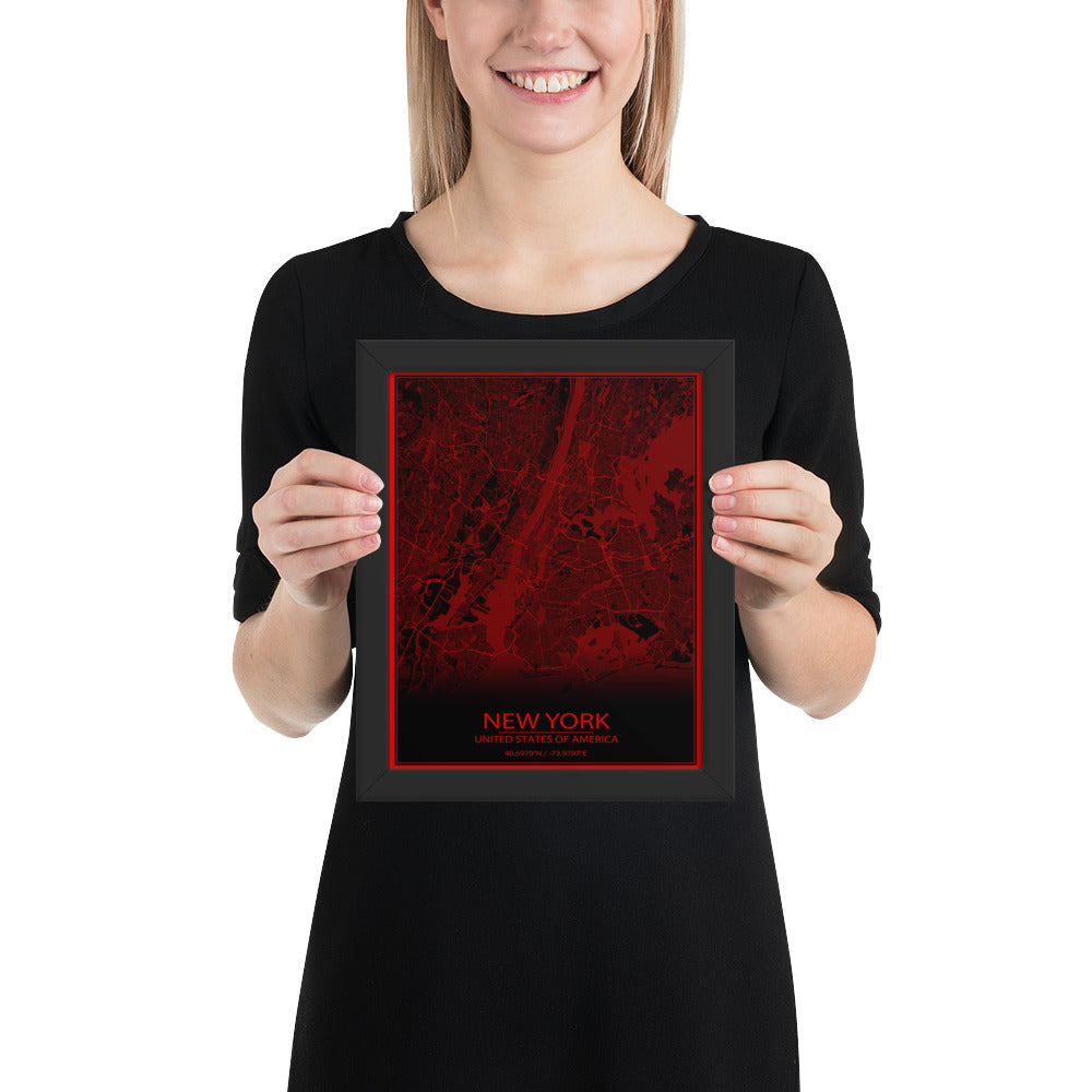 New York Black and Red Framed Map