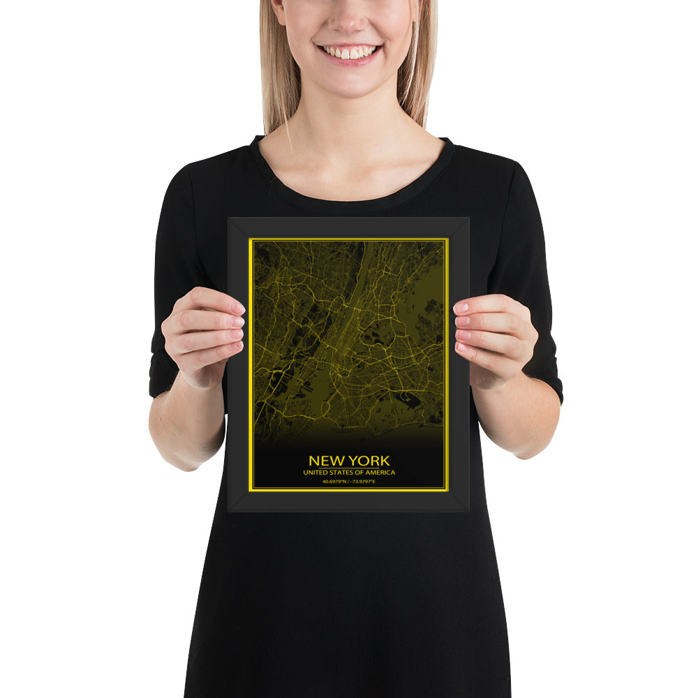 New York Black and Yellow Framed Map