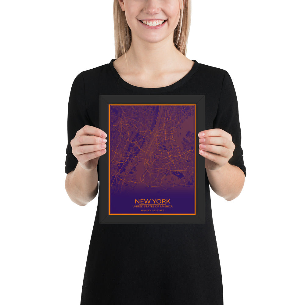 New York Purple and Orange Framed Map