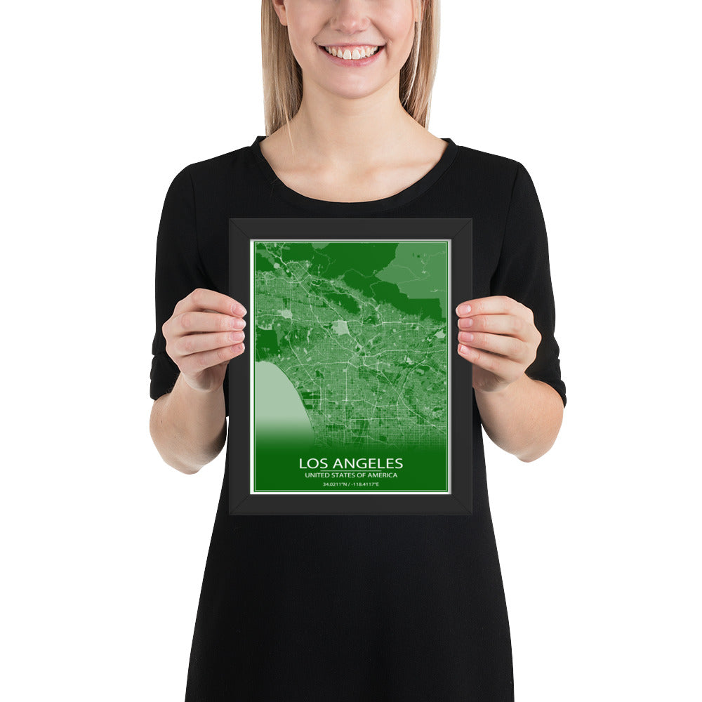 Los Angeles Green and White Framed Map