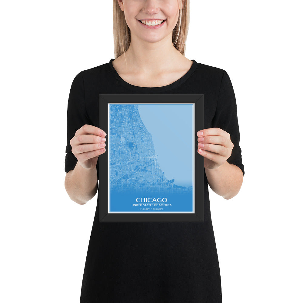 Chicago Blue and White Framed Map