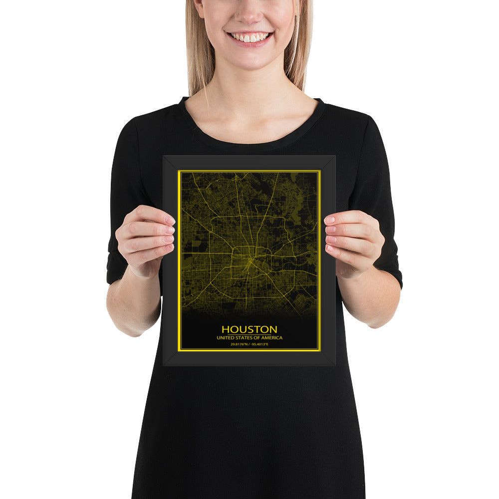 Houston Black and Yellow Framed Map