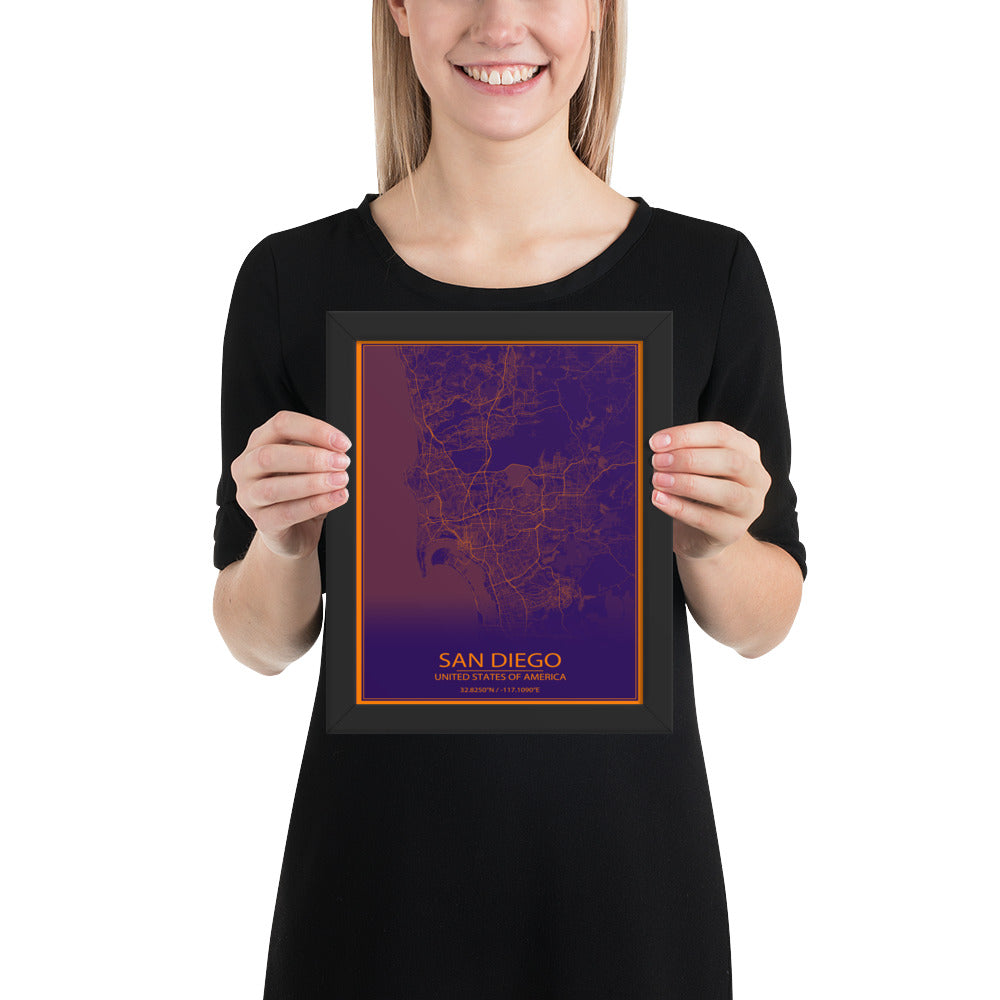 San Diego Purple and Orange Framed Map