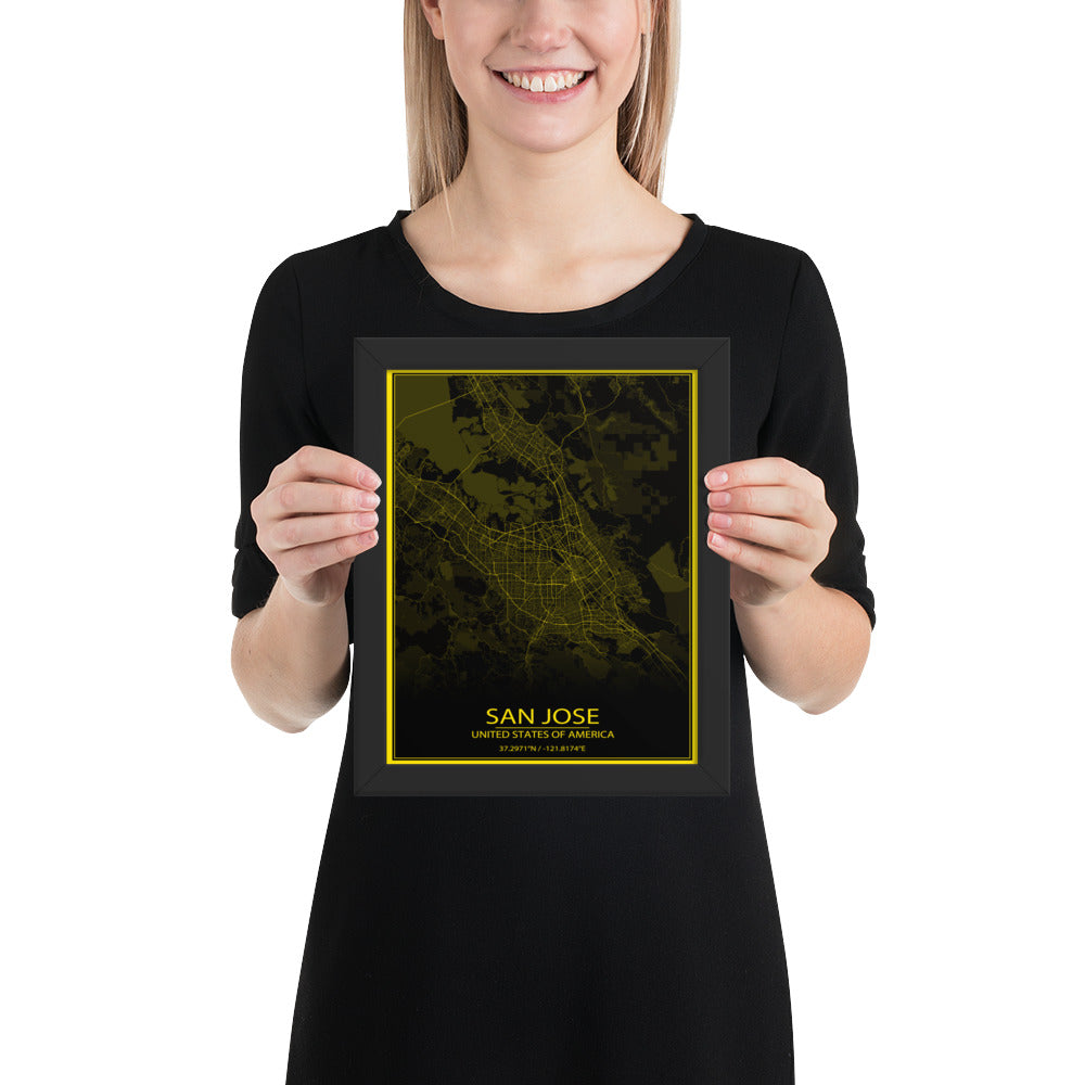 San Jose Black and Yellow Framed Map