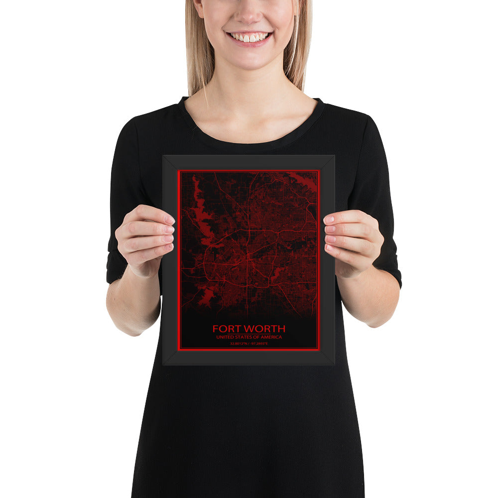 Fort Worth Black and Red Framed Map