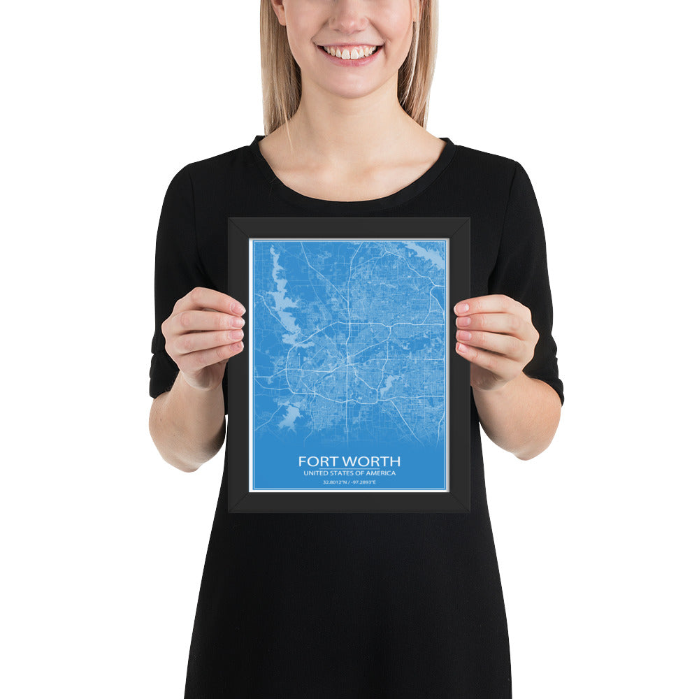 Fort Worth Blue and White Framed Map