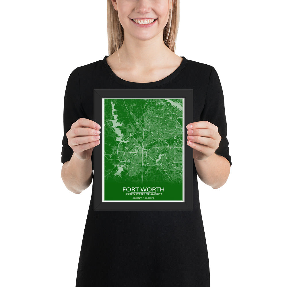 Fort Worth Green and White Framed Map