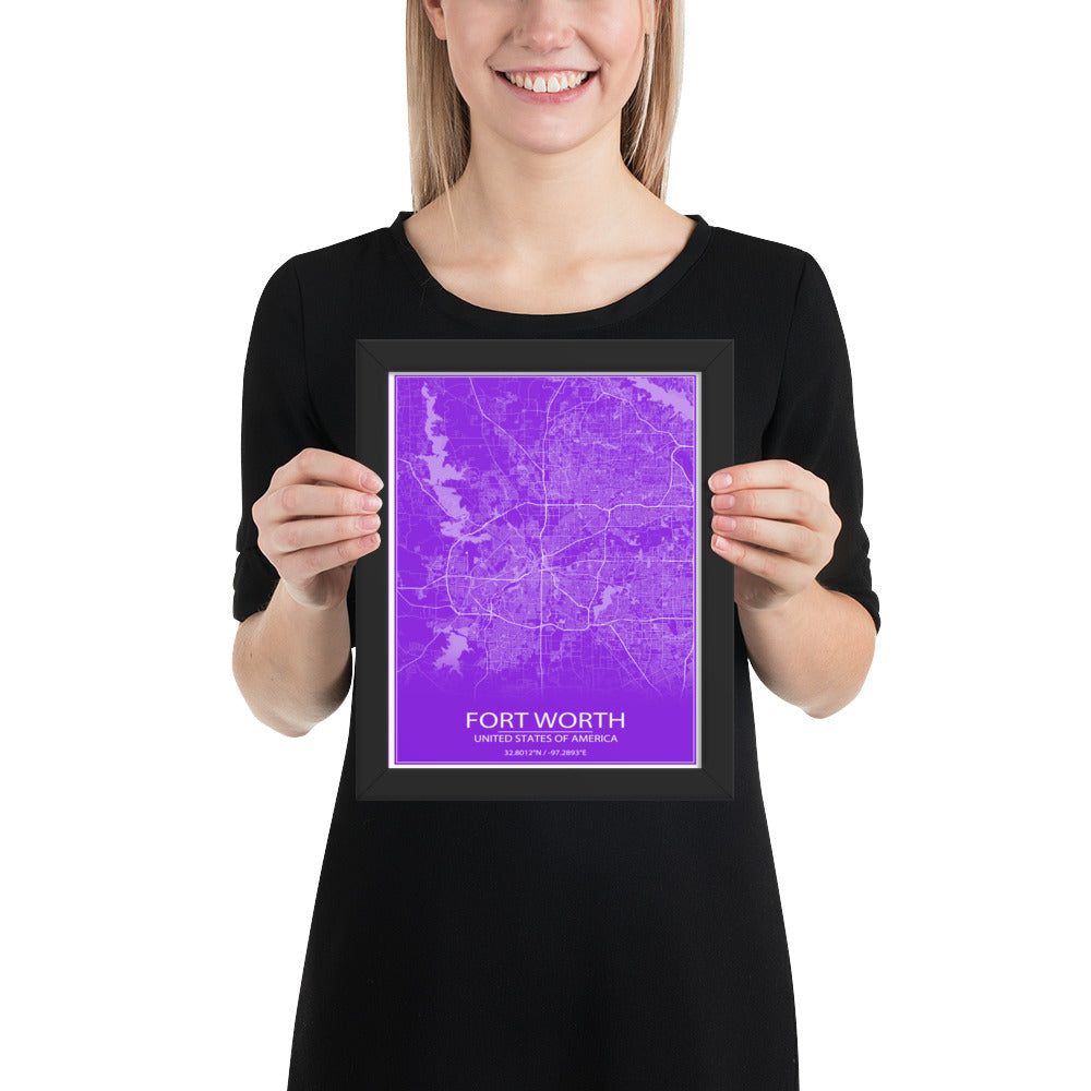 Fort Worth Purple and White Framed Map