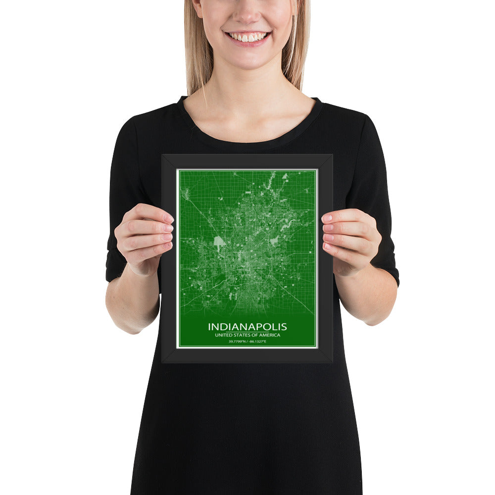 Indianapolis Green and White Framed Map