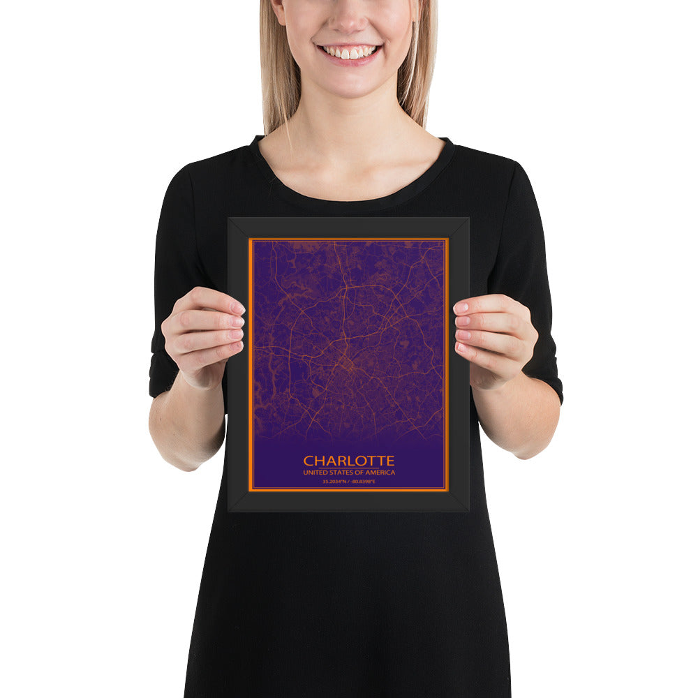 Charlotte Purple and Orange Framed Map